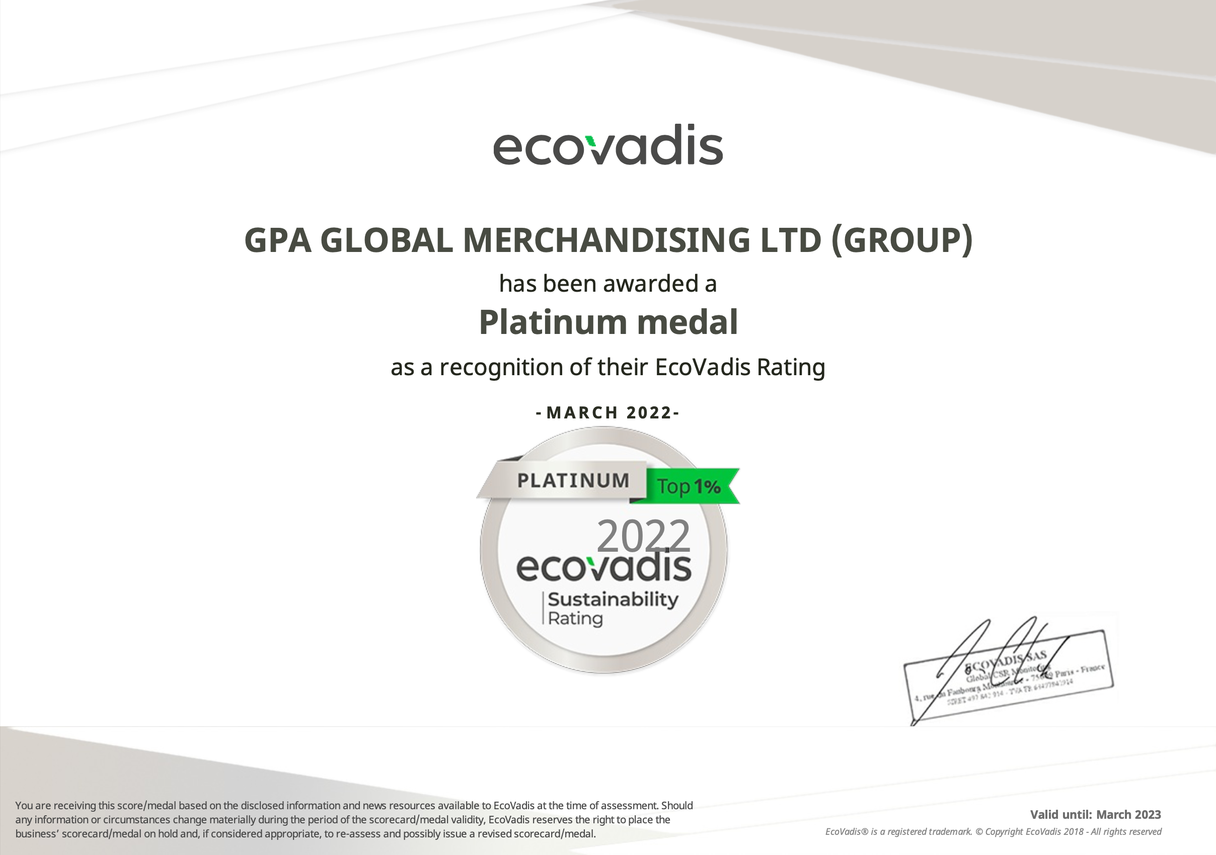 EcoVadis awarded GPA Global a Platinum Sustainability Rating